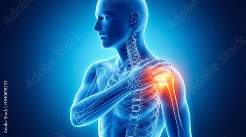 3D rendered medical illustration of a human skeleton showing anatomy of the spine and a painful blue joint injury in a woman's shoulder