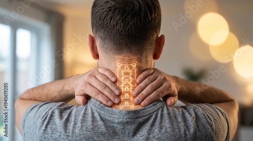 Overworked man experiencing intense upper back and cervical spine pain clutching his neck with a glowing medical overlay highlighting the vertebrae in distress