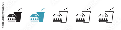 Hamburger and soft drink cup icon in flat style. Basic vector symbol illustration