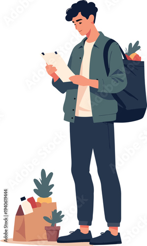 uomo che fa la lista della spesa che legge vettoriale 