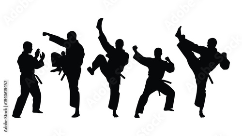 Group of people in different martial arts poses