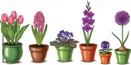 Realistic potted spring flowers collection tulip hyacinth violet gladiolus pansy allium vector illustration set