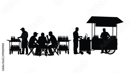 A group of people eating at outdoor food stalls