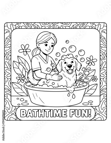 Vector illustration of woman bathing a dog, bathtime fun scene