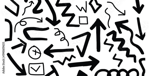 A collection of various black arrows and symbols on a white background including checkmarks and squiggles in different directions and shapes