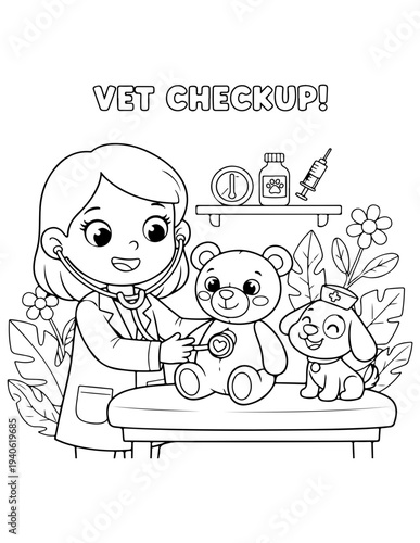 Veterinary clinic illustration with girl, teddy bear and dog, coloring book page