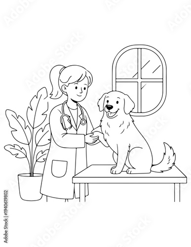Veterinarian examining dog on table in clinic, line art vector