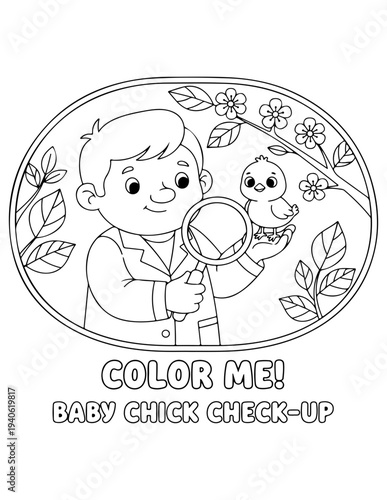 Vector illustration of boy checking baby chick with magnifying glass, coloring book page