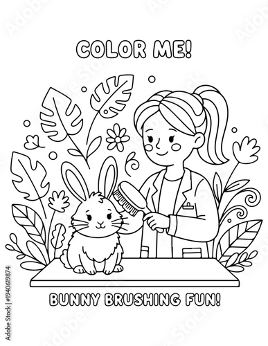Vector illustration of girl brushing bunny, coloring book page