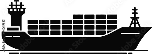 Vector cargo ship icon, black silhouette isolated on White Background