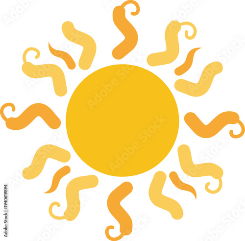Yellow sun with orange and yellow rays solar