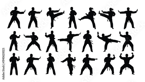 A group of people performing various martial arts poses