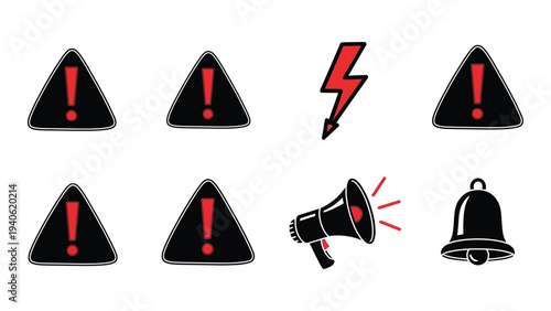 A set of warning signs and icons including exclamation marks and a megaphone