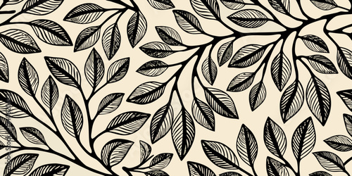 Stylized black branches and leaves create a seamless botanical pattern