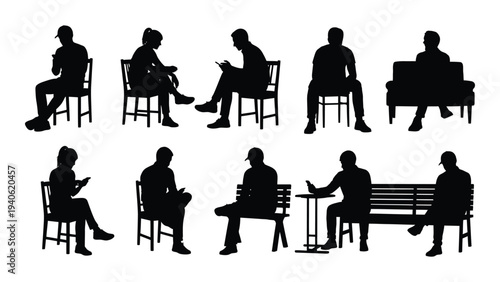 A group of people sitting in different poses on chairs and a bench