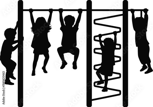 Children playground silhouettes climbing and hanging on jungle gym bars representing outdoor play, childhood activity, kids exercise and school playground vector illustration.