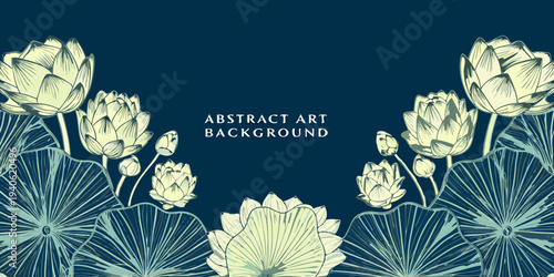 Elegant floral arrangement with lotus flowers and leaves on teal background