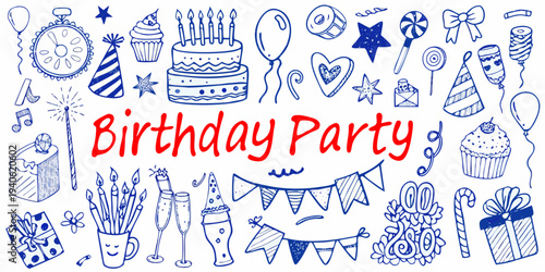 Hand drawn birthday party doodles with balloons cake and festive elements