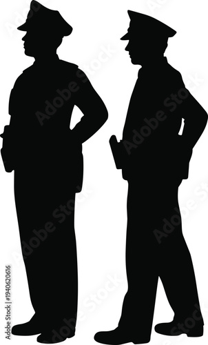 Police officer silhouettes standing in uniform representing law enforcement security guards and public safety authority personnel isolated in black vector illustration.