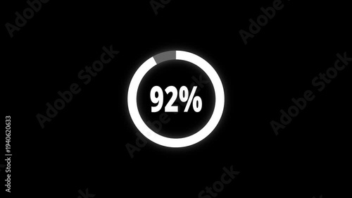 Abstract pie chart with 92 percent progress bar animation. Pie chart business and finance visual data representation for sales and statistics on black background. 4k video	