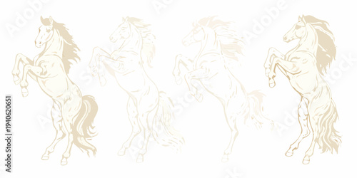 Four majestic horses rearing up in a delicate minimalist sketch style