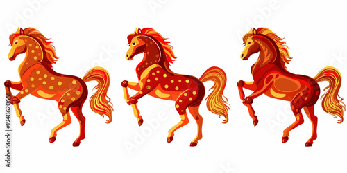 Three stylized horses with patterned coats stand in differing poses