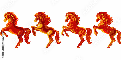 Four fiery horses prancing in dynamic stylized vector illustration