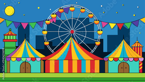 Illustration of a carnival with tents wheel