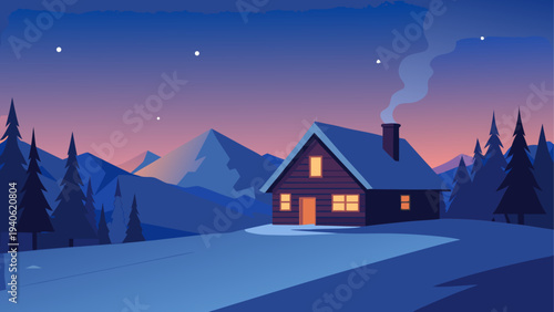 Winter cabin in a snowy mountain landscape