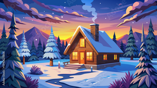 Cabin in winter landscape at sunset time