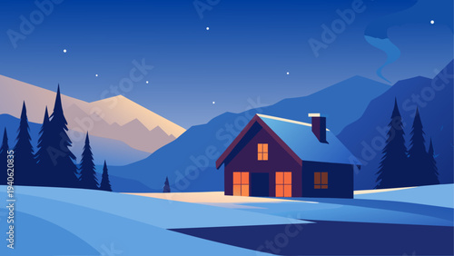 Cabin in winter landscape at night time