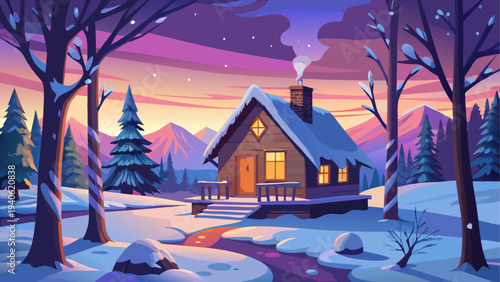Winter cabin scene with snow and sunset sky