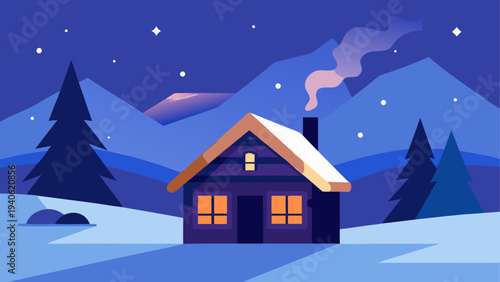 Winter cabin scene with mountains and snow