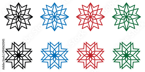 Geometric snowflake mandala designs vector set black blue red green minimalist winter art