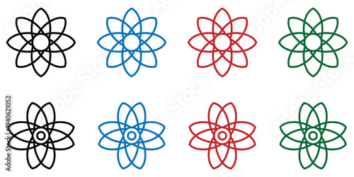 Colorful atomic particle orbit icons set with nucleus and electron paths in flat design vector illustration