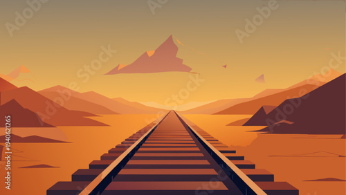 Railroad leading to mountains at sunset
