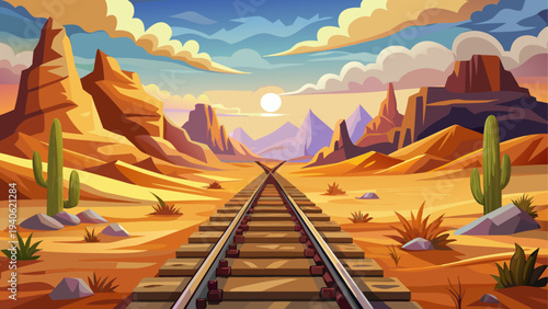 Desert landscape with railroad and cactus