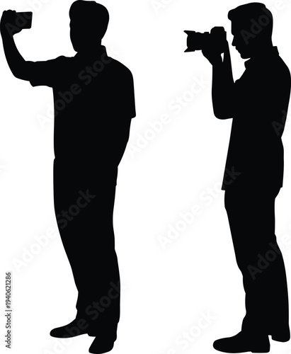 Photographer and smartphone user silhouettes taking photos and recording video in minimalist black vector style for media and technology concepts.