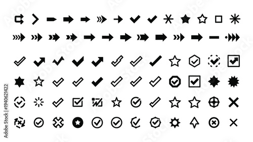 A collection of various black checkmark and star icons