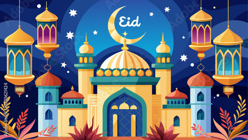 Eid mubarak illustration with mosque view
