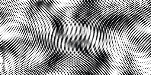 Grunge black white halftone dots distortion background, abstract wave dot pattern, optical illusion dotted texture, modern digital design. illustration art