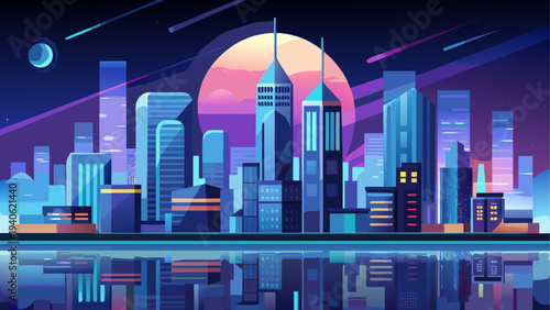 Cityscape with moon and sunset reflection