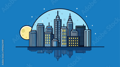 City skyline at night with moon backdrop