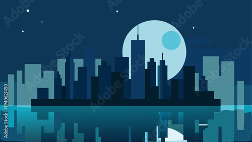 Cityscape silhouette with moon reflection