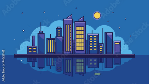 Cityscape reflection at night with moon light