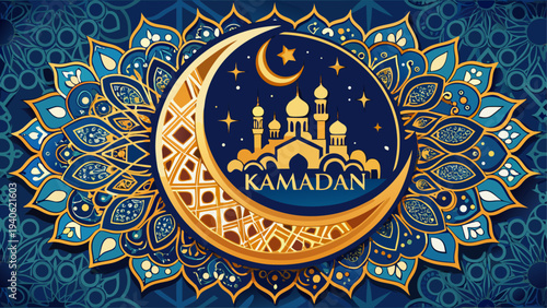 Ramadan crescent with mosque illustration