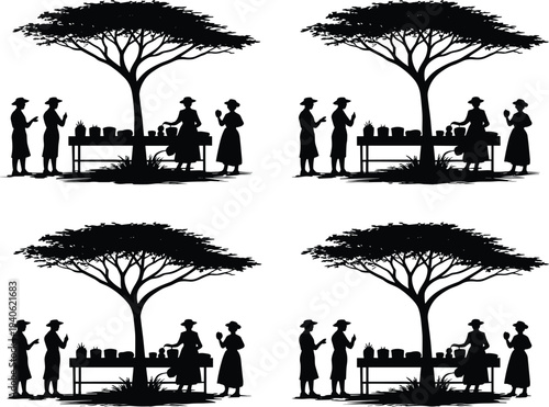 People gathering under tree at outdoor market stall silhouette showing vendors and customers in minimalist black vector style for rural market scene.
