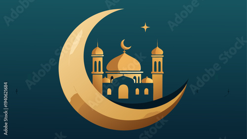 Golden mosque with crescent moon and star