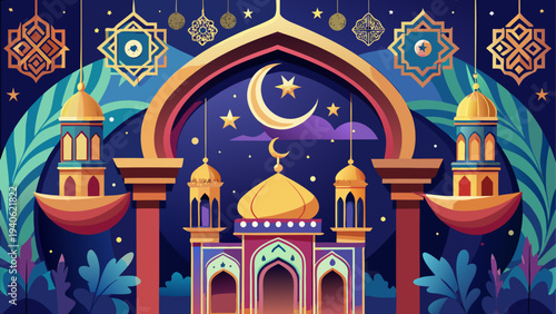 Illustration of a mosque with crescent moon