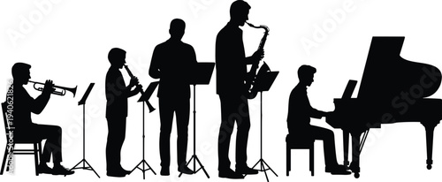 Jazz band musicians silhouettes playing trumpet, saxophone, clarinet and piano with music stands in minimalist black vector style for performance.